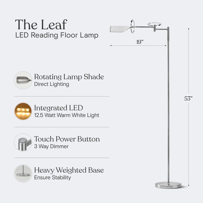 Brightech Leaf Pharmacy LED Reading Lamp, Dimmable Floor Lamp with Easy Adjustable Rotation Over Chair or Desk for Living Room, Work Light for Office, Modern Minimalist Home Decor - Platinum Silver - Image 4